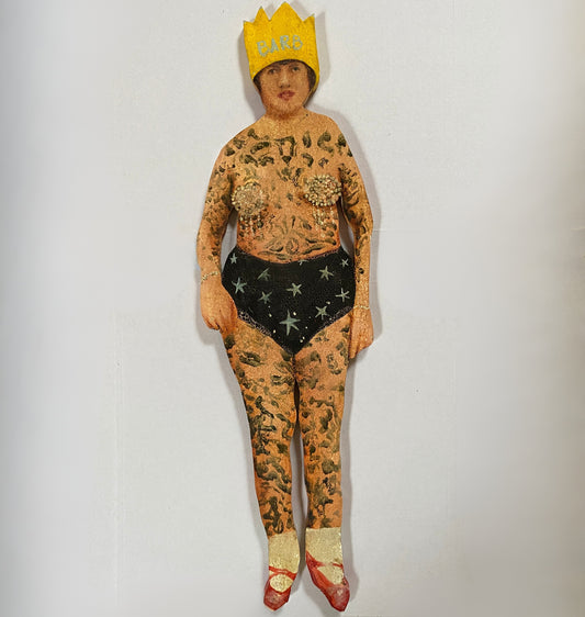 Barb The Queen original oil painting on wood, outsider art featuring regal character with dual-sided storytelling with tattoos and a crown on a white background.