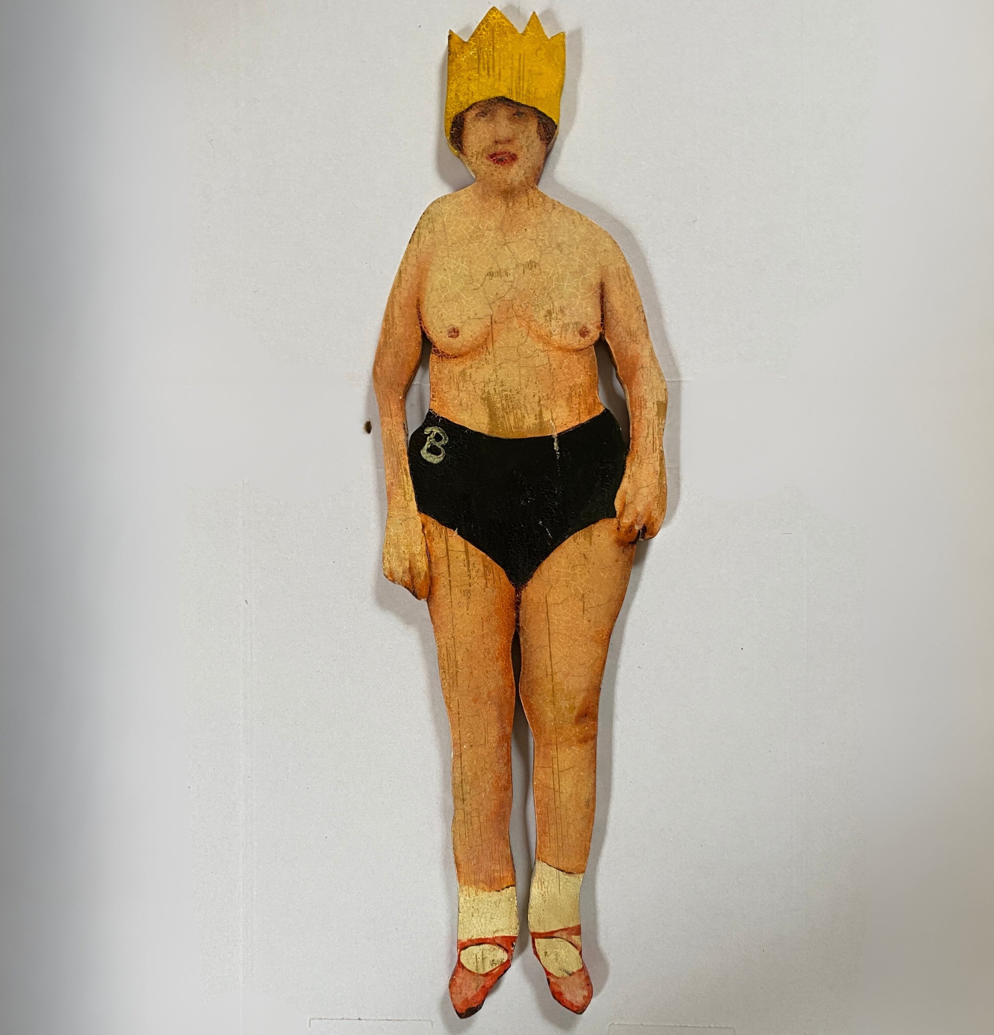 Barb The Queen original oil painting on wood, outsider art featuring regal character with dual-sided storytelling with naked upper body and a crown on a white background.